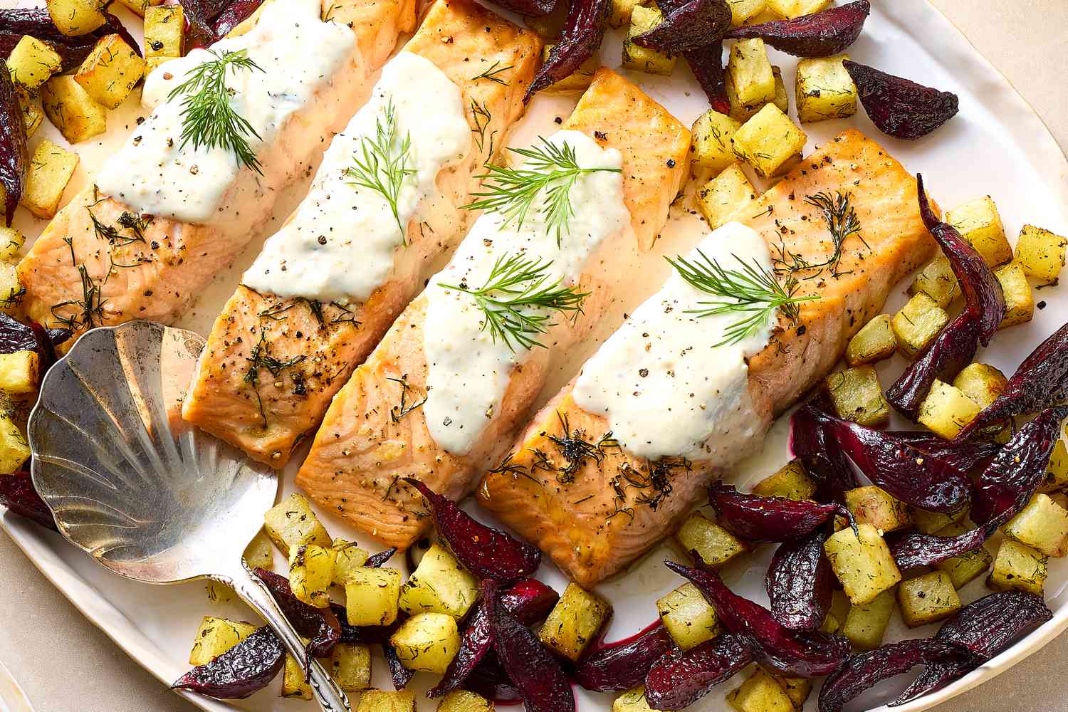 Oven Roasted Salmon with Potatoes, Beets, and Fennel Recipe