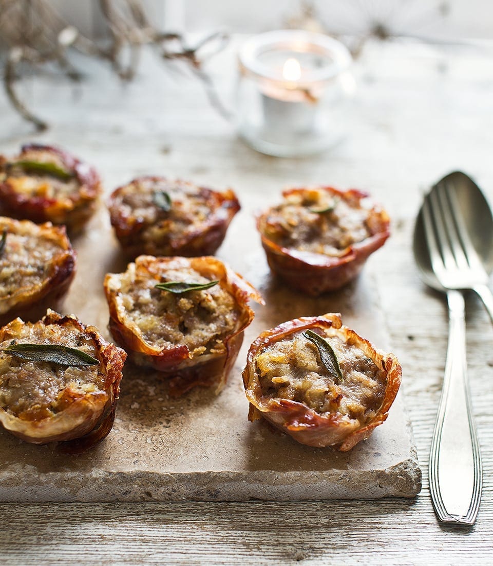 Crispy Prosciutto Cups Filled with Sausage and Apple Stuffing