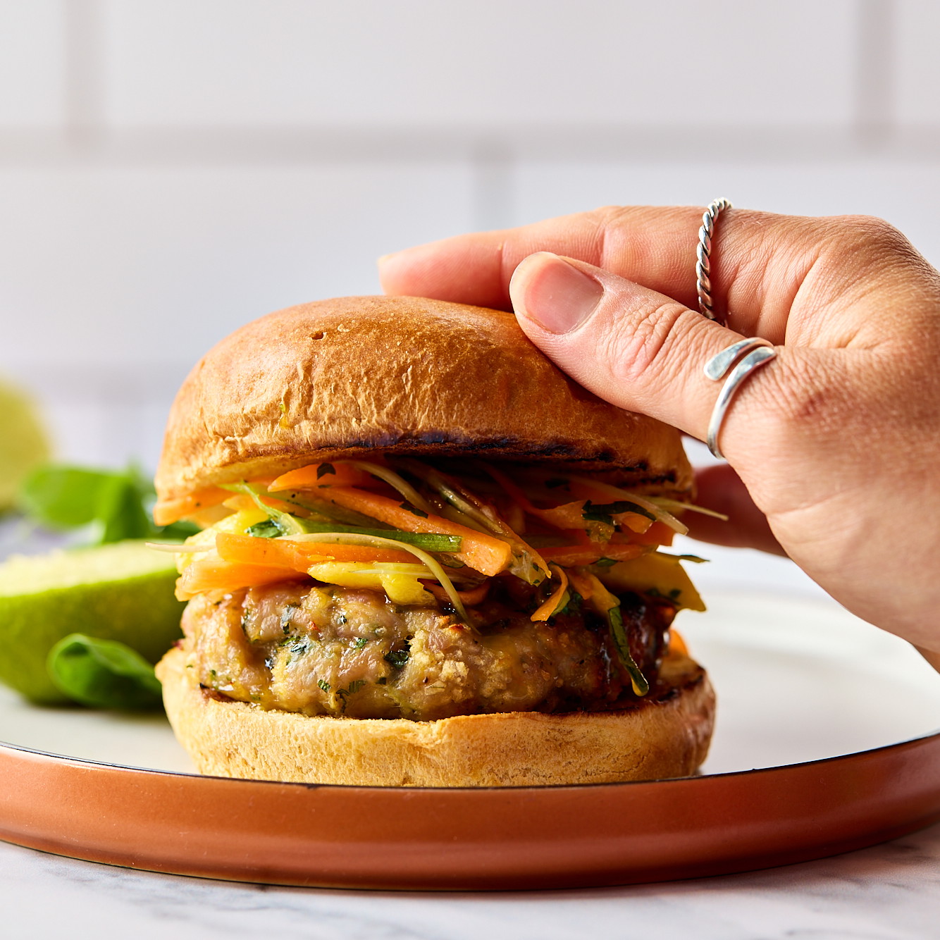Honey Garlic Chile Burgers with Mango Slaw Recipe