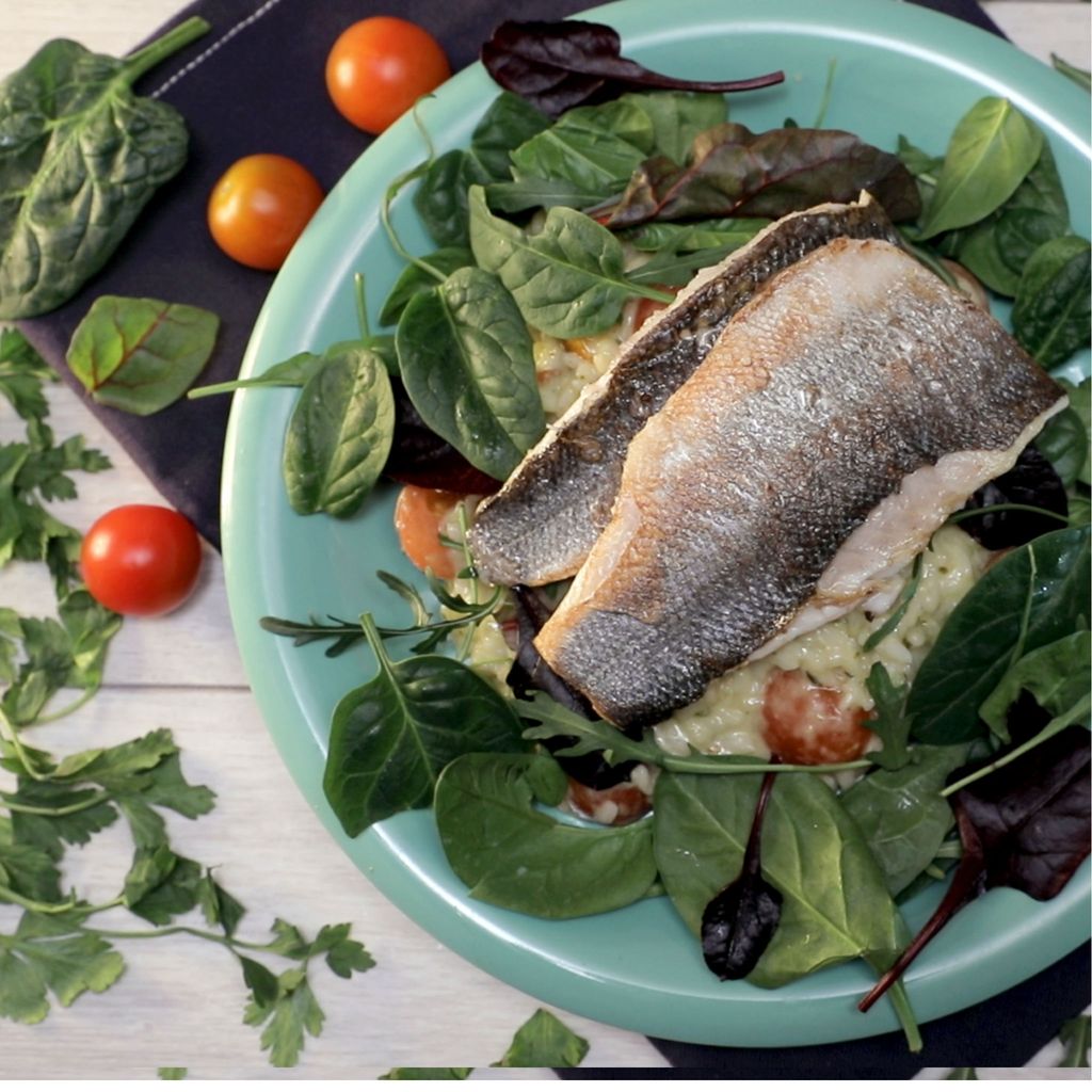 Sea Bass with Garlic and Tomato Risotto Cakes Recipe