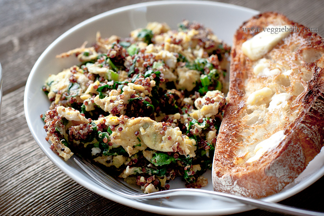 Soft Scrambled Eggs with Kale and Crispy Quinoa Recipe