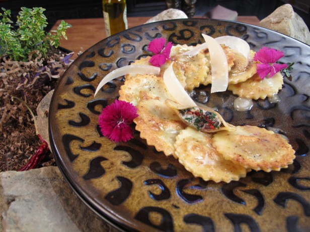 Swiss Chard Mascarpone Ravioli, Pan-Seared and Topped with Truffled Cream