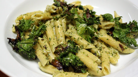 Tuscan Pesto-Tossed Penne with Crispy Kale and Garlic-Broiled Tomato Crostini Recipe