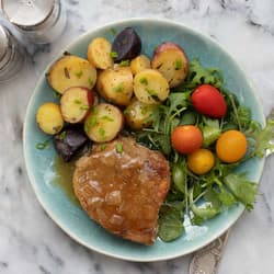 Pickle-Brined Pork Chops with Mushroom Escabeche and Smashed Potatoes Recipe