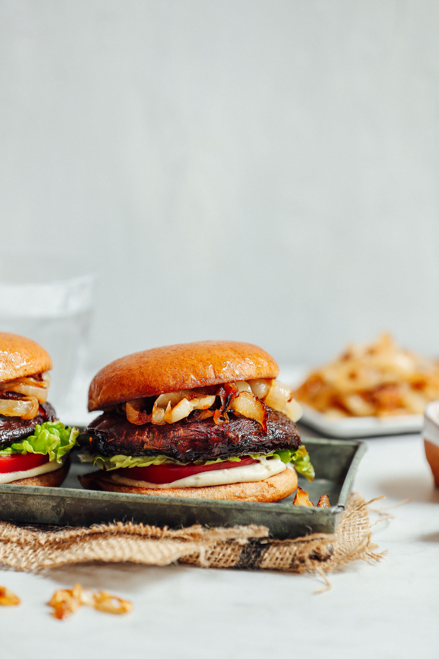 Roasted Portobello Mushroom Cheeseburgers with Caramelized Onions and Pimento Aioli Recipe