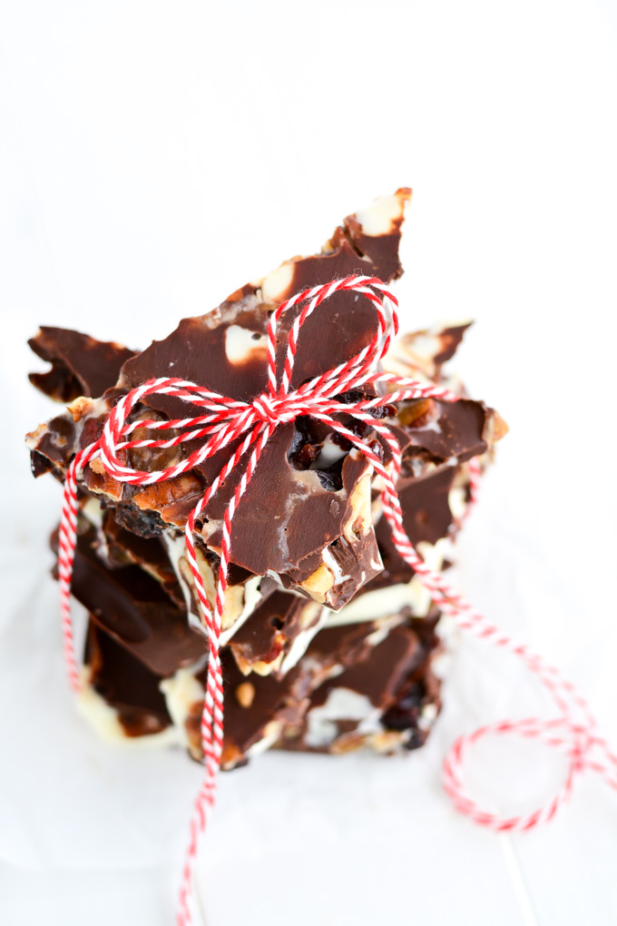 Three Chocolate Bark with Spiced Pecans and Dried Cherries Recipe