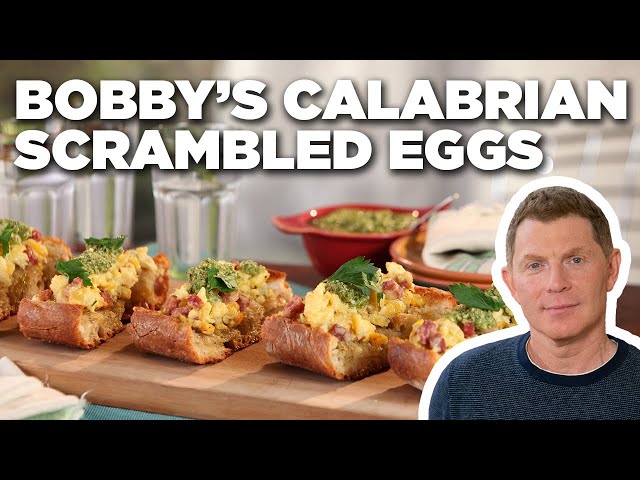 Calabrian Scrambled Eggs with Jalapeno Pesto Bruschetta Recipe
