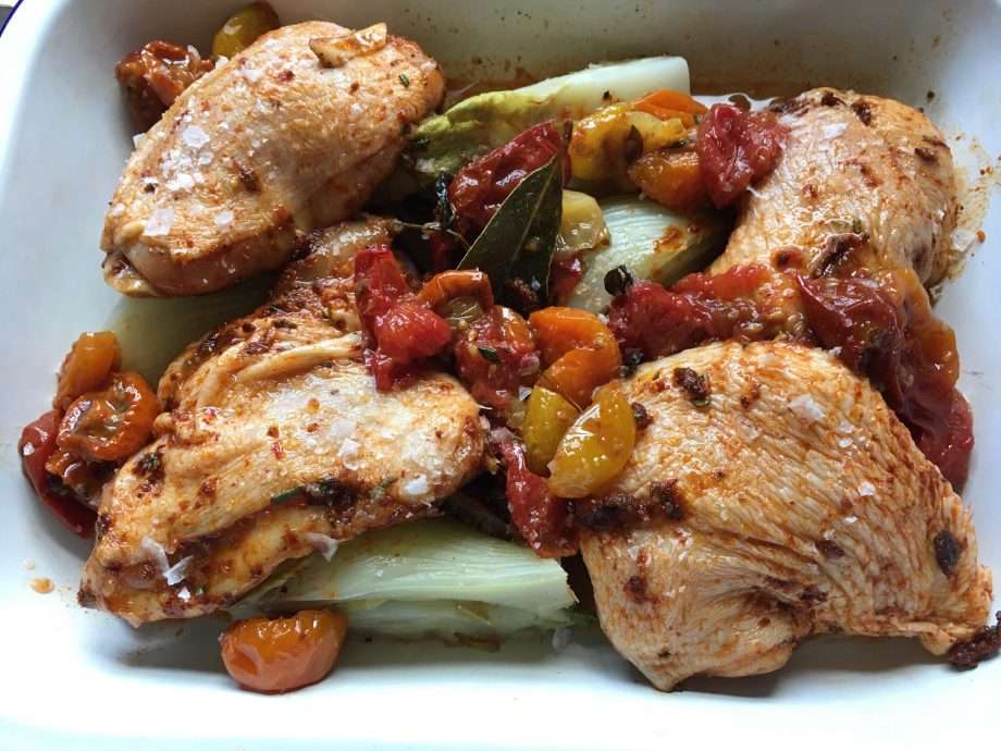 Broiled Chicken Thighs with Fennel, Onions, and Roasted Red Peppers Recipe