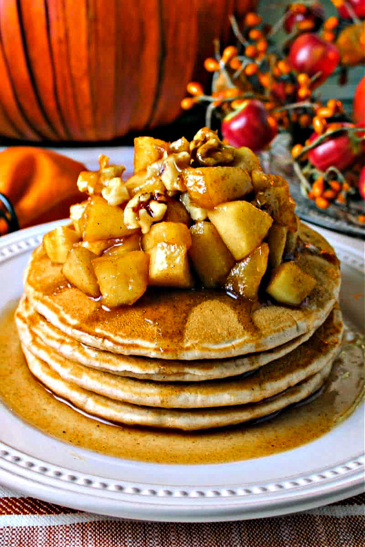 Cinnamon Oatmeal Pancakes with Honey Apple Compote