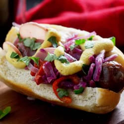 Grilled Bratwurst with Brie and Spiral Apple Slaw Recipe