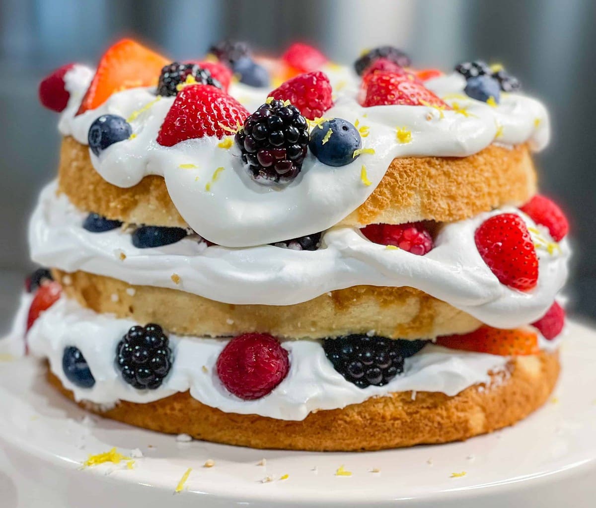 Peach Angel Food Cake Ice Cream Cake with Boozy Berries Recipe