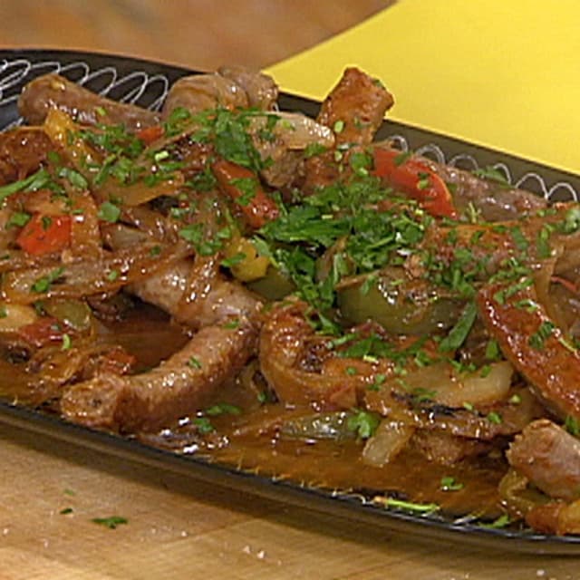 Roasted Sausages, Peppers, and Onions with Cheesy Bread and Black Pepper Recipe