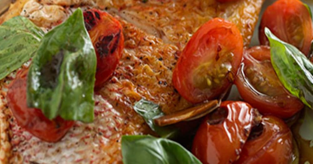 Red Snapper Featuring Oven-Roasted Cherry Tomatoes, Minced Garlic, and Fresh Basil Recipe