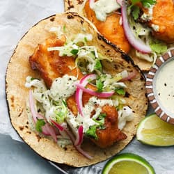 Baja Fish Tacos with Chipotle Aioli and Rojo Salsa