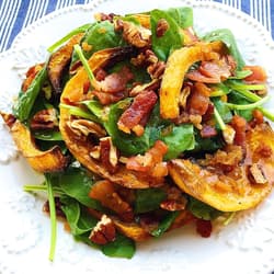 Balsamic Chicken Cutlet atop a Spinach Salad with Mushrooms, Bacon, and Warm Shallot Vinaigrette Recipe