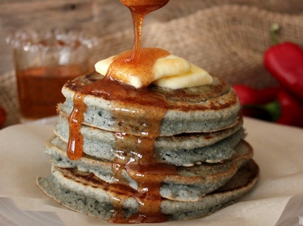 Blue Corn Pancakes with Orange Honey Butter and Cinnamon Maple Syrup Recipe