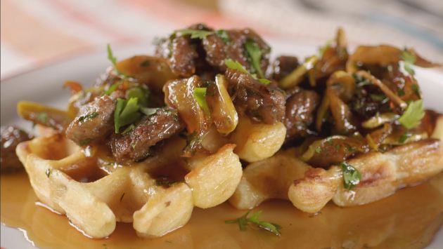 Cheddar-Black Pepper Waffles with Sausage and Apples Maple Agrodolce Recipe