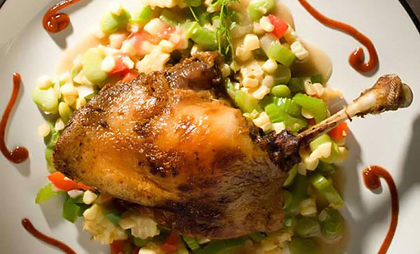 Duck Confit with Corn and Baby Butterbean Succotash, Served with Smoked Tomato Ketchup
