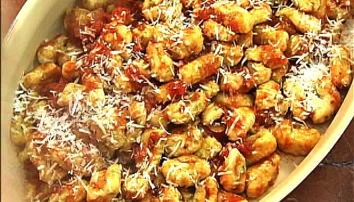 Goat Cheese Ricotta Gnocchi with Garden Zucchini Tomato Sauce and Crisp Prosciutto Recipe
