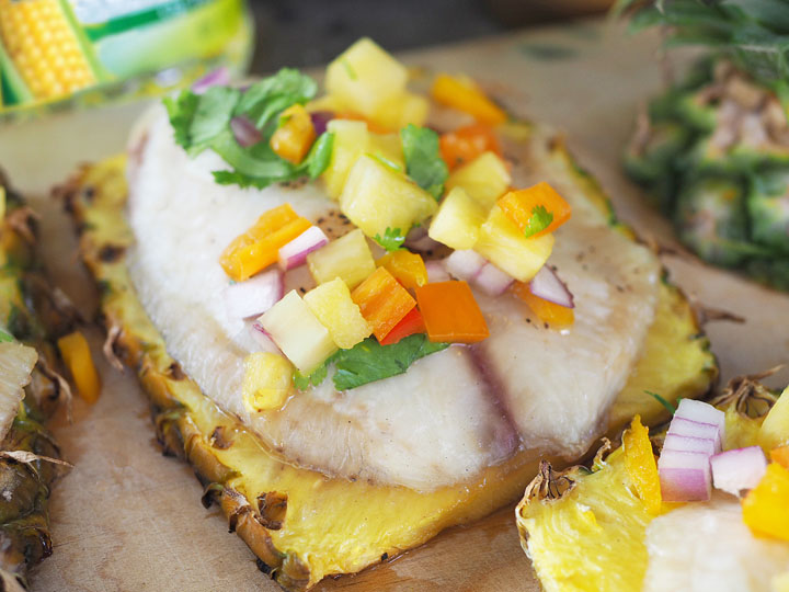 Grilled Fish on Pineapple Planks with Spicy Pineapple Salsa Recipe