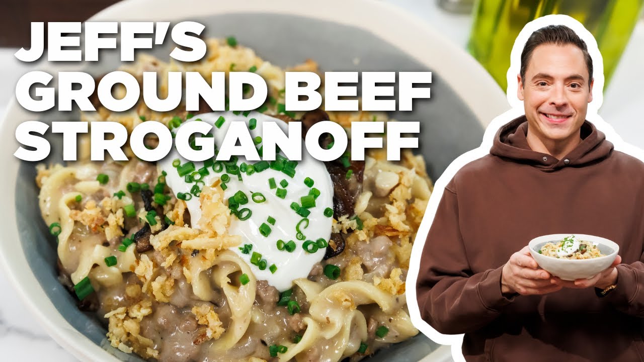 Ground Beef Stroganoff with Caramelized Mushrooms and Crispy Onions Recipe