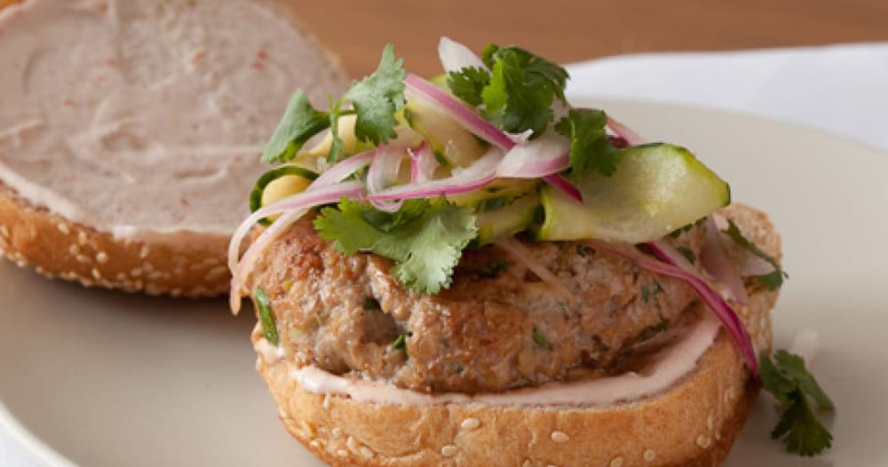 Hoisin Turkey Burgers with Quick Pickles and Chili Garlic Yogurt Recipe