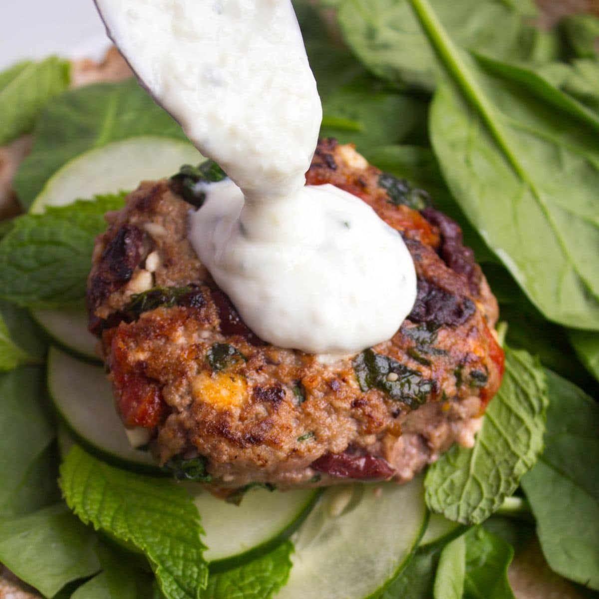 Lamb Burgers with Feta Sauce and Spinach Recipe