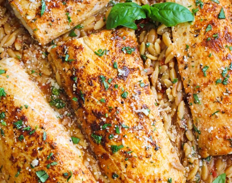 Pan-Seared Mahi-Mahi with Preserved Lemon and Tomato Chutney, Thai Basil and Shiitake Orzo