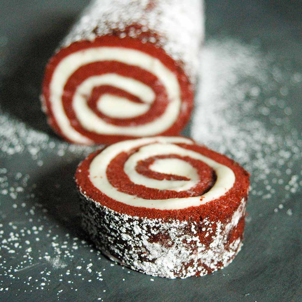 Red Velvet Swiss Roll with Cream Cheese Frosting Recipe