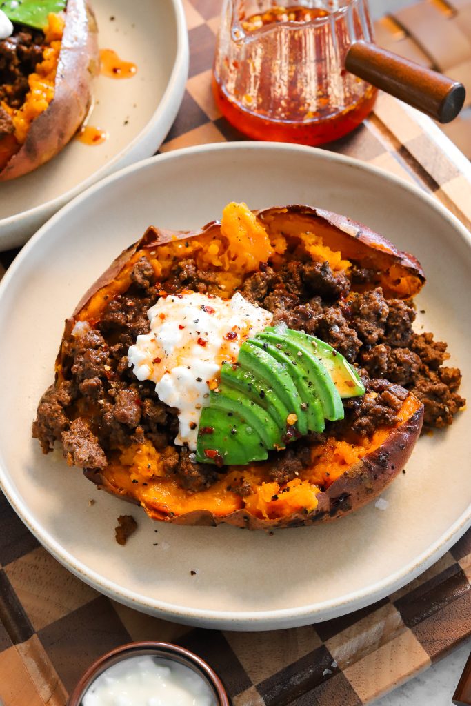 Roasted Sweet Potatoes with Spiced Ground Beef and Pine Nuts Recipe