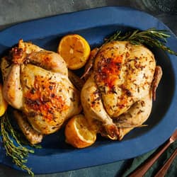 Spatchcocked and Roasted Cornish Game Hen with Green Mojo and Mashed Citrus Sweet Potatoes Recipe