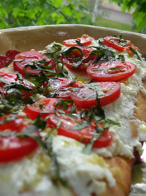 Grilled Flatbread with Ricotta Cheese, Fresh Tomatoes, Oregano and Roasted Garlic Oil Recipe