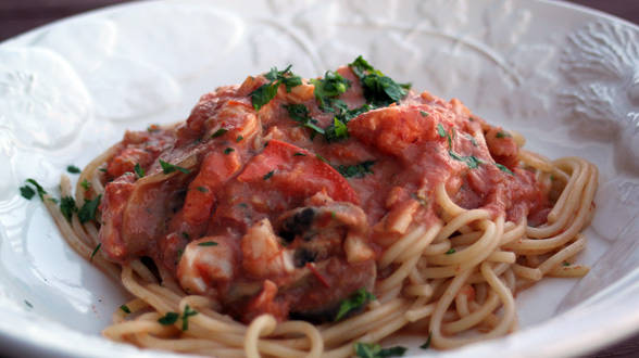 Seafood Pasta with Sherry Tomato Cream Sauce Recipe