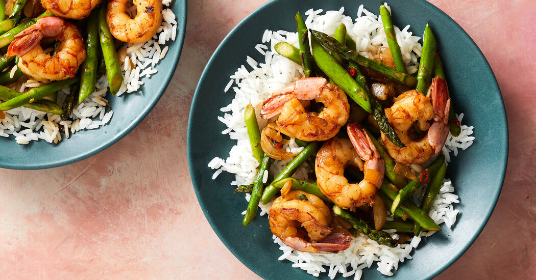 Almond Asparagus Shrimp on Steamed Rice Recipe