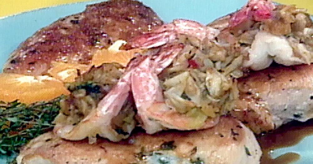 Brandy and Orange Chicken Breasts Topped with Stuffed Shrimp Recipe