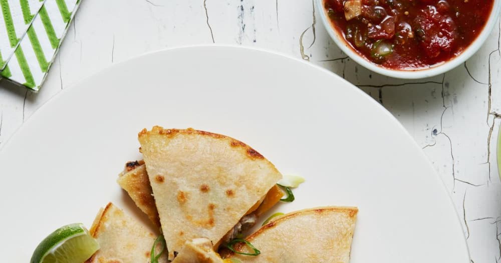 Chicken and Roasted Poblano Quesadilla with Avocado Cream Recipe