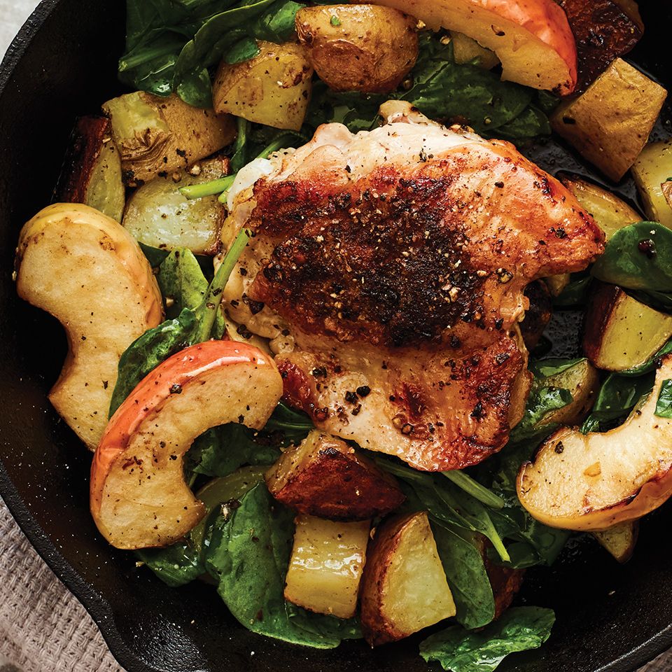 Chicken Thighs with Apples, Acorn Squash and Potatoes Recipe