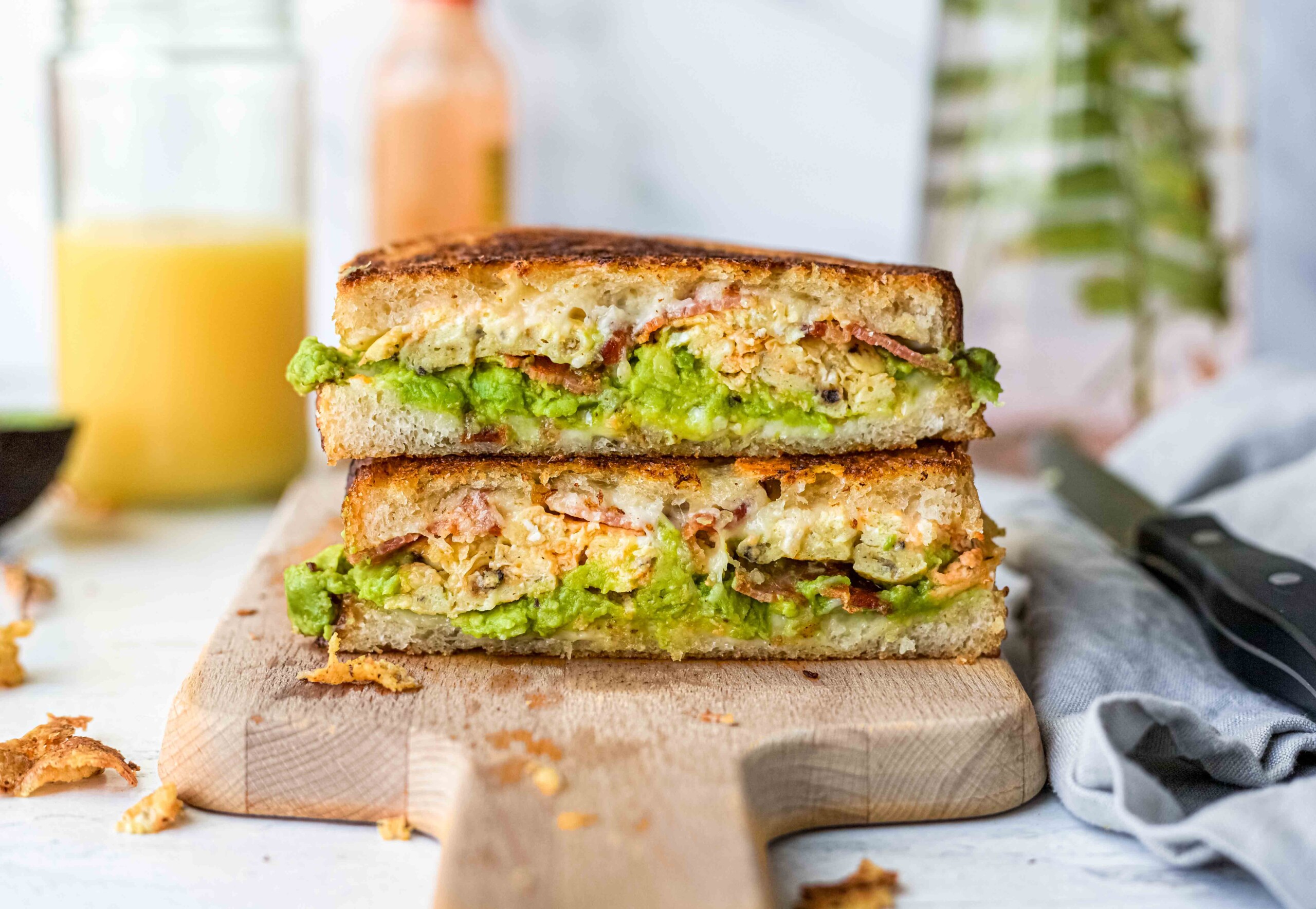 Grilled Bacon, Egg and Cheese in a Basket with Avocado Dip Recipe