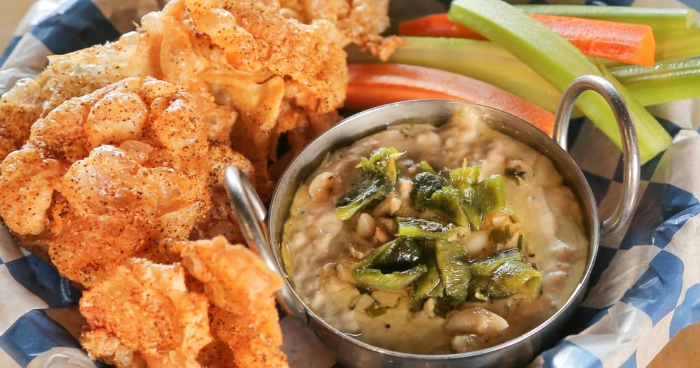 Pinto Bean Hummus with Crispy Chicken Chicharrones Recipe