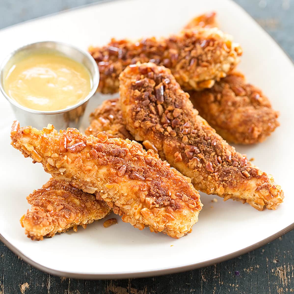 Pretzel-Crusted Chicken Fingers with Honey Mustard Dipping Sauce