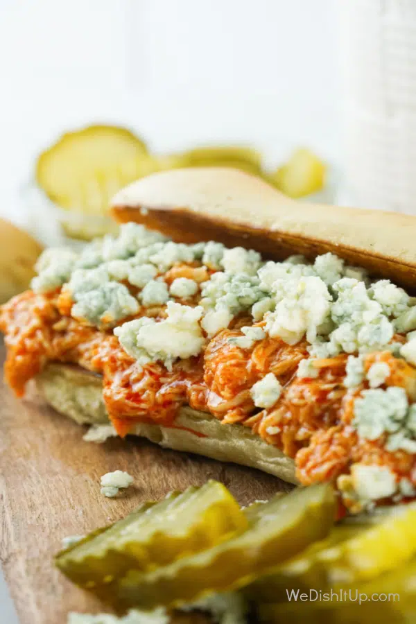 Shredded Buffalo Chicken Sandwiches with Blue Cheese Aioli