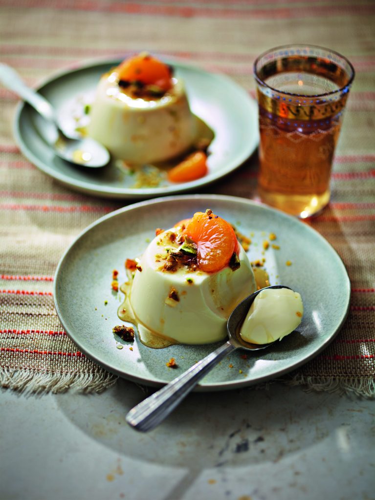 Vanilla and Cardamom Panna Cotta with Amaretto Cherries and Pistachio Brittle Recipe