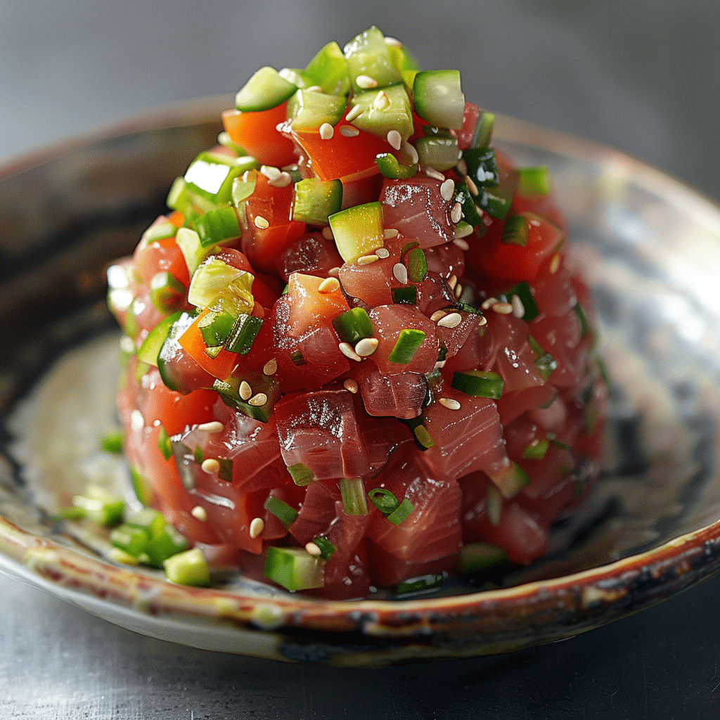 Ahi Tuna Tartar with Sesame Asparagus Vinaigrette Recipe