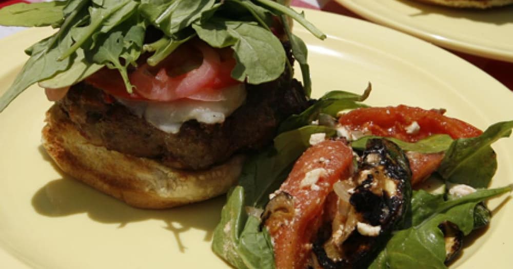 Big Fat Burger with Gruyere, Ham, Pickled Onions, Arugula, and Garlic Mayo Recipe