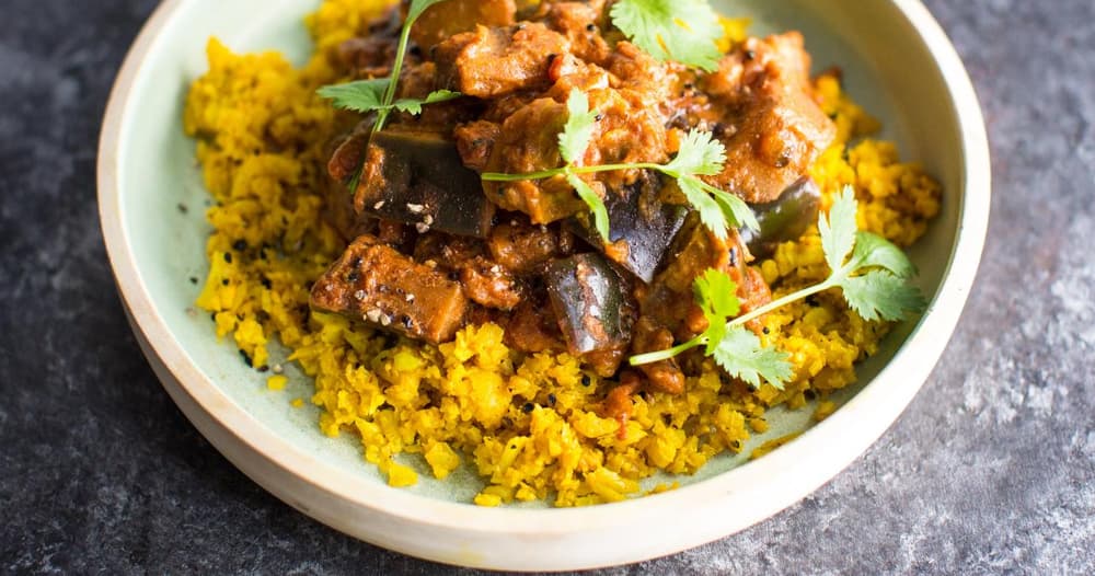 Eggplant Curry with Turmeric Cauliflower Rice Recipe