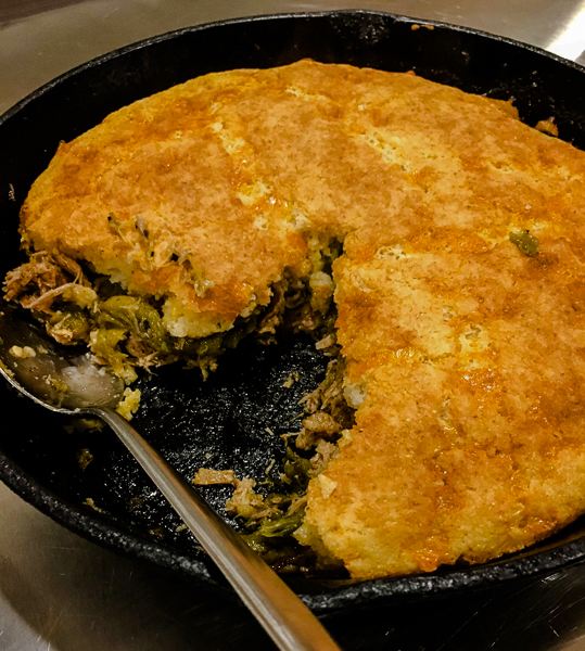 Green Chile Cornbread Skillet with Crispy Pork and Spicy Honey Butter Recipe