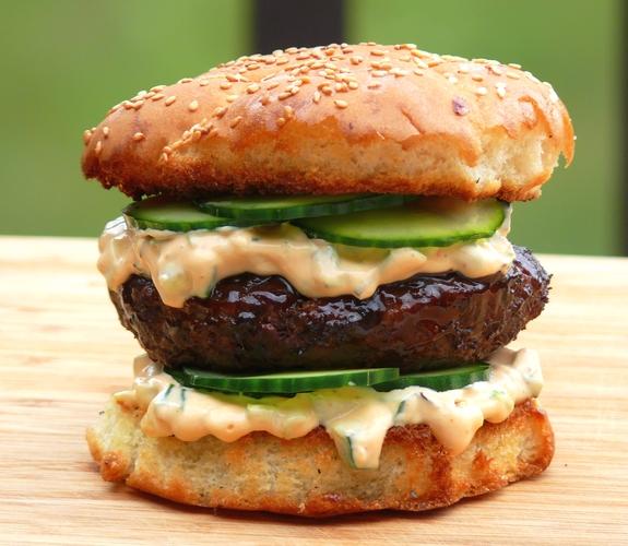 Hoisin Burgers with Grilled Scallions and Sriracha-Sesame Mayo Recipe Kitchen