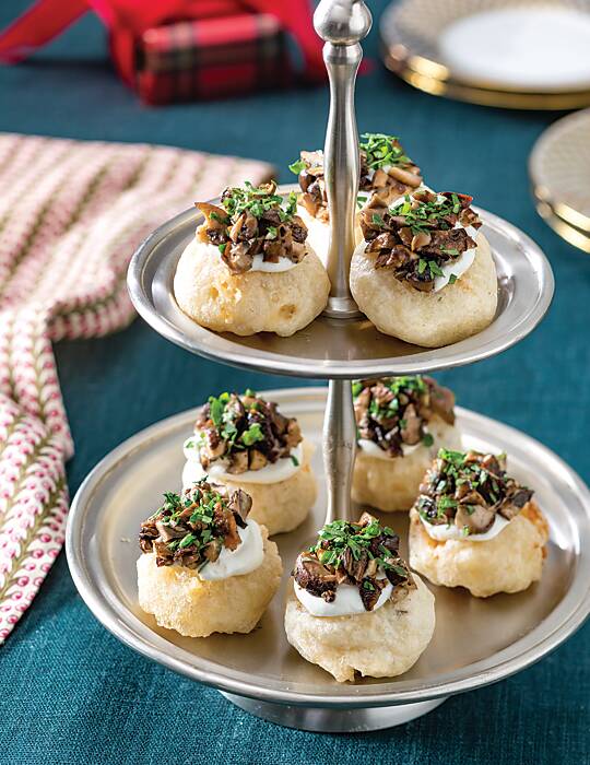 Mushroom Risotto Cakes Stuffed with Duck Liver, Petit Greens, and White Truffles Recipe
