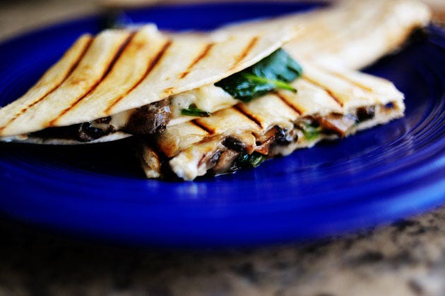 Open-Face Quesadillas with Mushrooms, Olives, Salsa and Greens Recipe