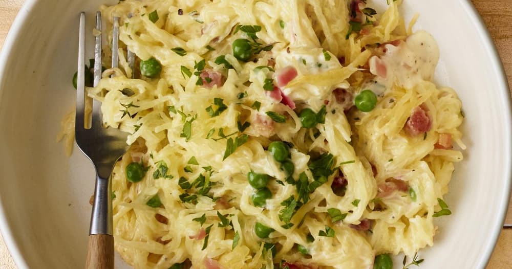 Spaghetti Squash Alfredo with Pancetta and Peas Recipe Kitchen